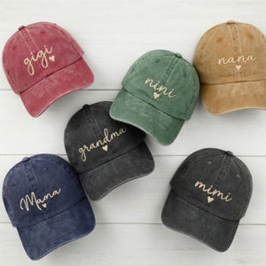 Personalized Grandma Hat with Heart, Custom Mama Mimi Gigi Nana Nini Embroidered Baseball Cap, Mother's Day Gift, Washed Cotton Hat