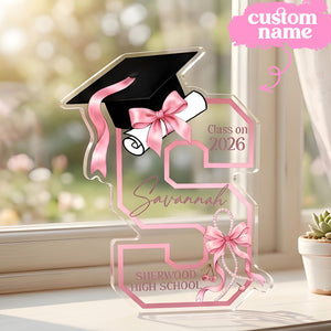 Personalized Graduation Acrylic Block, Custom Initial Pink Bow Keepsake, Class of 2026 Desktop Art