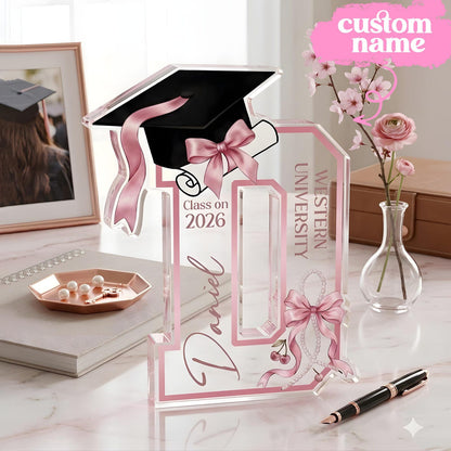Personalized Graduation Acrylic Block, Custom Initial Pink Bow Keepsake, Class of 2026 Desktop Art