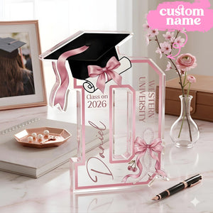 Personalized Graduation Acrylic Block, Custom Initial Pink Bow Keepsake, Class of 2026 Desktop Art