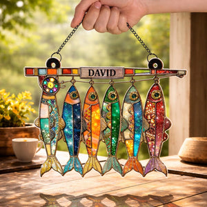 Personalized Fish Suncatcher Custom Name Fishing Sign Faux Stained Glass Window Hanging Decor Fisherman Gift for Dad Grandpa Acrylic Suncatcher For Fishing Loves