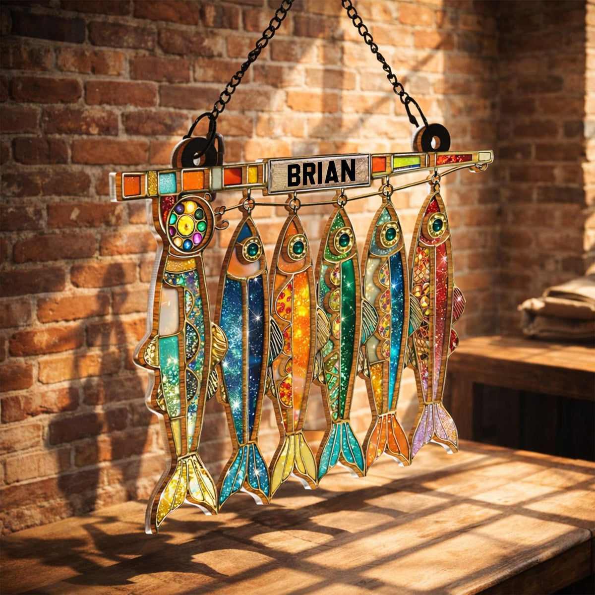 Personalized Fish Suncatcher Custom Name Fishing Sign Faux Stained Glass Window Hanging Decor Fisherman Gift for Dad Grandpa Acrylic Suncatcher For Fishing Loves