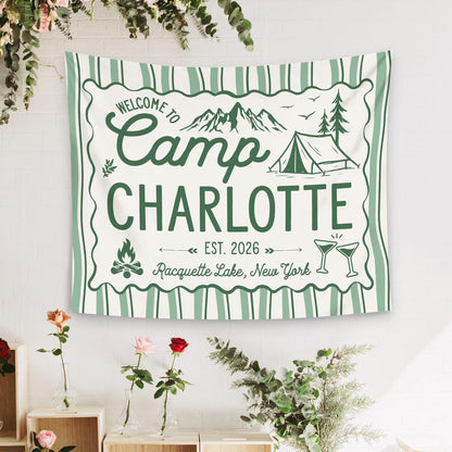 Custom Camp Bachelorette Bride Camp Banner Tapestry, Outdoor Bach Party Decor Bridal Camping Trip Photo Backdrop Cabin Bachelorette Idea
