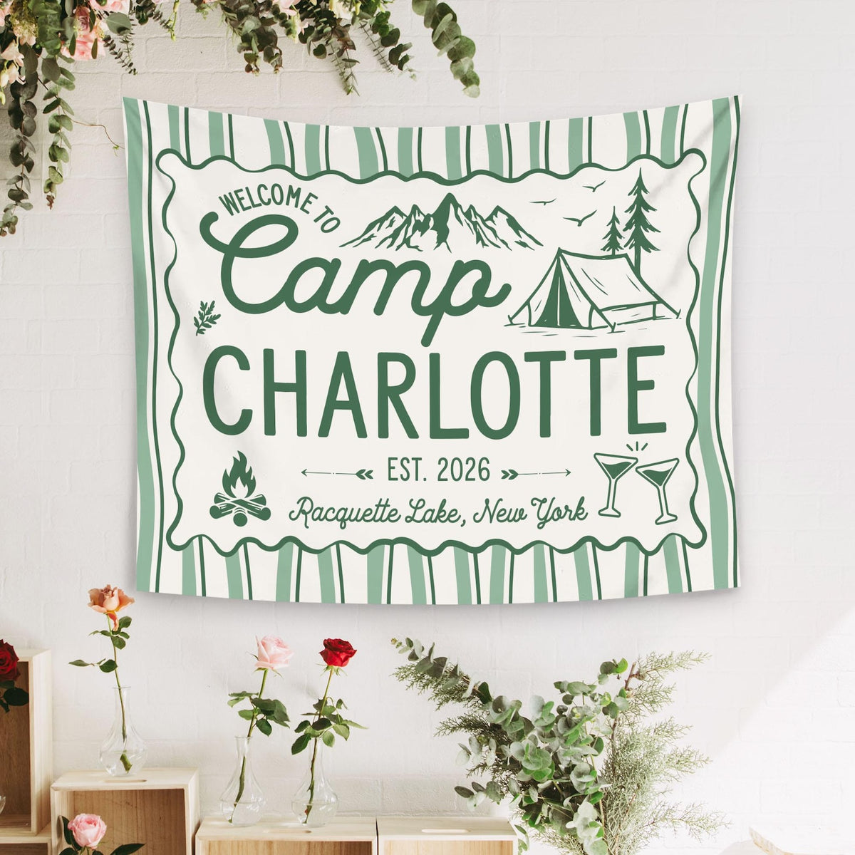Custom Camp Bachelorette Bride Camp Banner Tapestry, Outdoor Bach Party Decor Bridal Camping Trip Photo Backdrop Cabin Bachelorette Idea