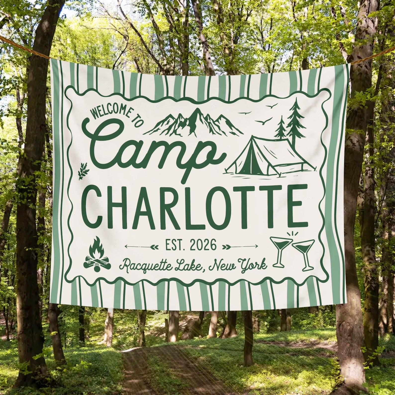 Custom Camp Bachelorette Bride Camp Banner Tapestry, Outdoor Bach Party Decor Bridal Camping Trip Photo Backdrop Cabin Bachelorette Idea