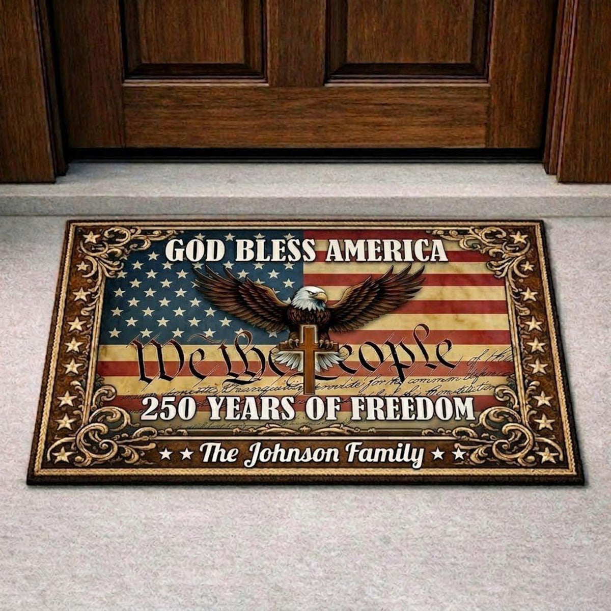 Custom Family Name Patriotic Doormat USA 250th Anniversary Patriotic Front Door Mat, Happy 250th Birthday USA 1776-2026
