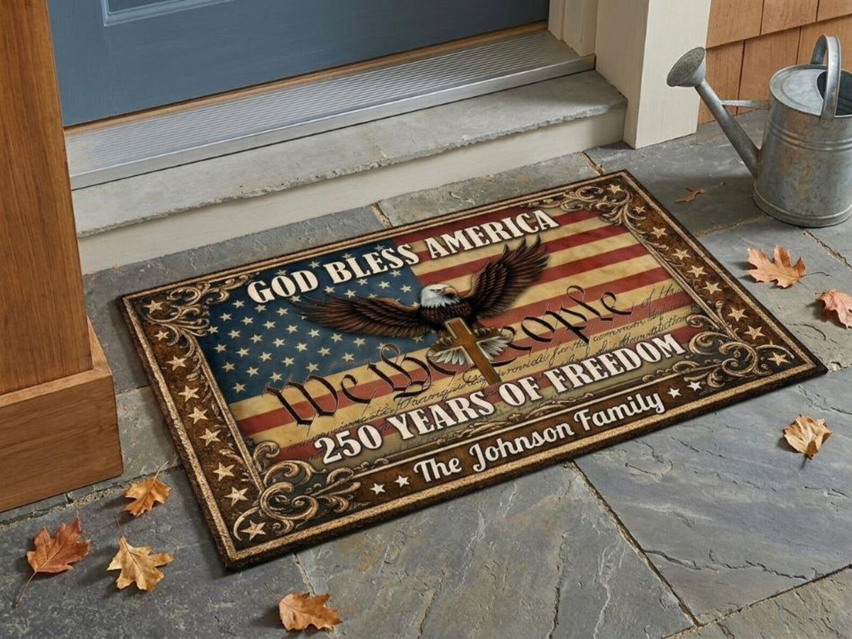 Custom Family Name Patriotic Doormat USA 250th Anniversary Patriotic Front Door Mat, Happy 250th Birthday USA 1776-2026