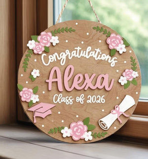 Personalized Graduation Wood Sign, Custom Name Class of 2026 Decor, Congrats Graduate Gift, Floral Wooden Door Hanger, Graduation Party Sign