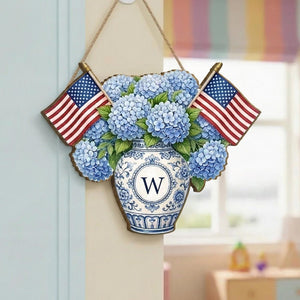 Personalized Patriotic Hydrangea Door Hanger Custom Monogram Wreath Sign American Flag Floral Decor, Gift 2026 Farmhouse Front Door Decor