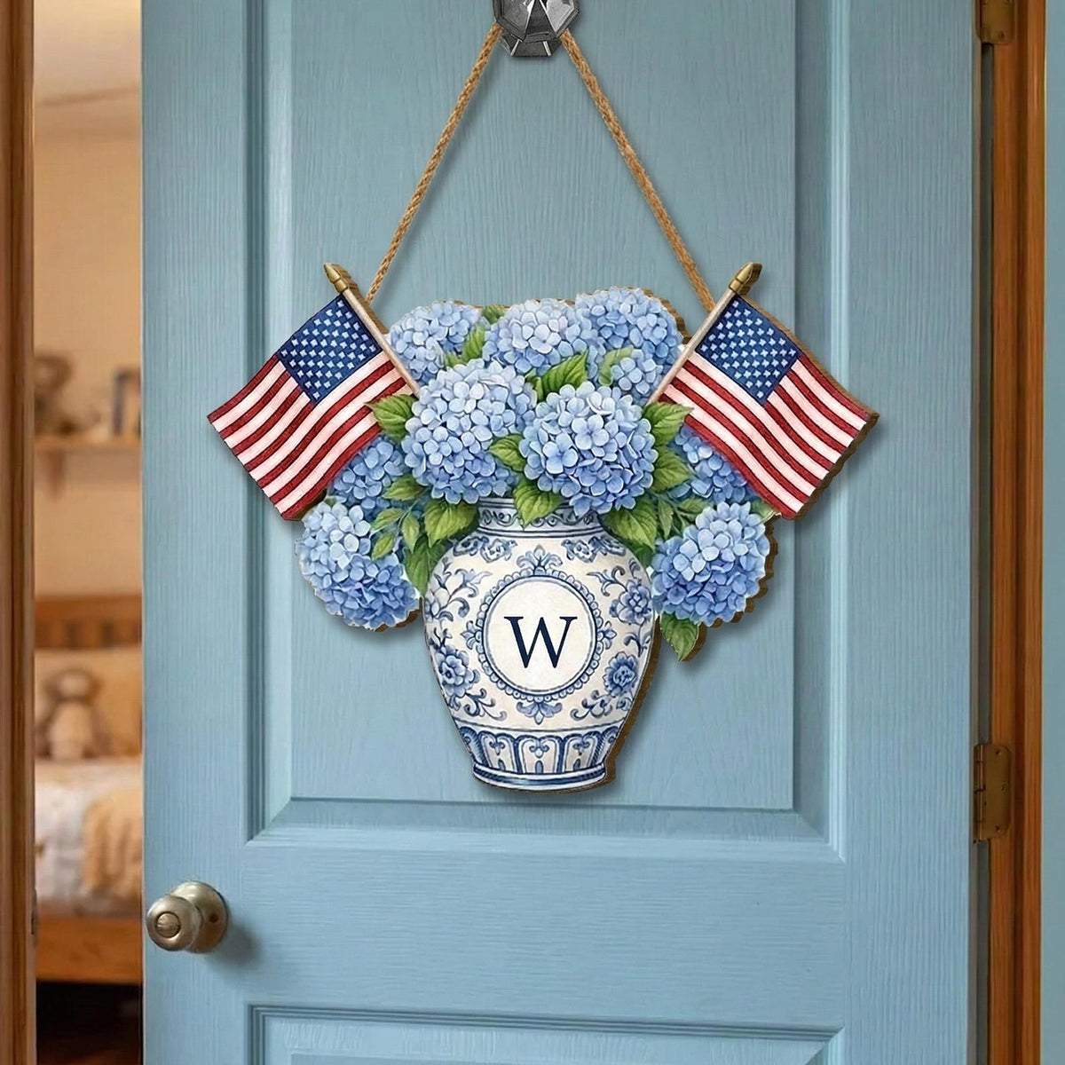 Personalized Patriotic Hydrangea Door Hanger Custom Monogram Wreath Sign American Flag Floral Decor, Gift 2026 Farmhouse Front Door Decor