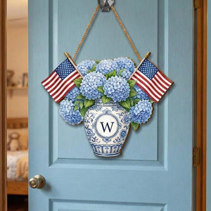 Personalized Patriotic Hydrangea Door Hanger Custom Monogram Wreath Sign American Flag Floral Decor, Gift 2026 Farmhouse Front Door Decor