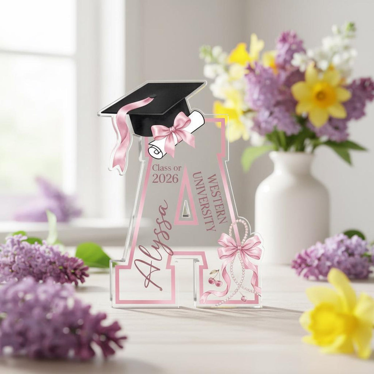 Personalized Graduation Acrylic Block, Custom Initial Pink Bow Keepsake, Class of 2026 Desktop Art
