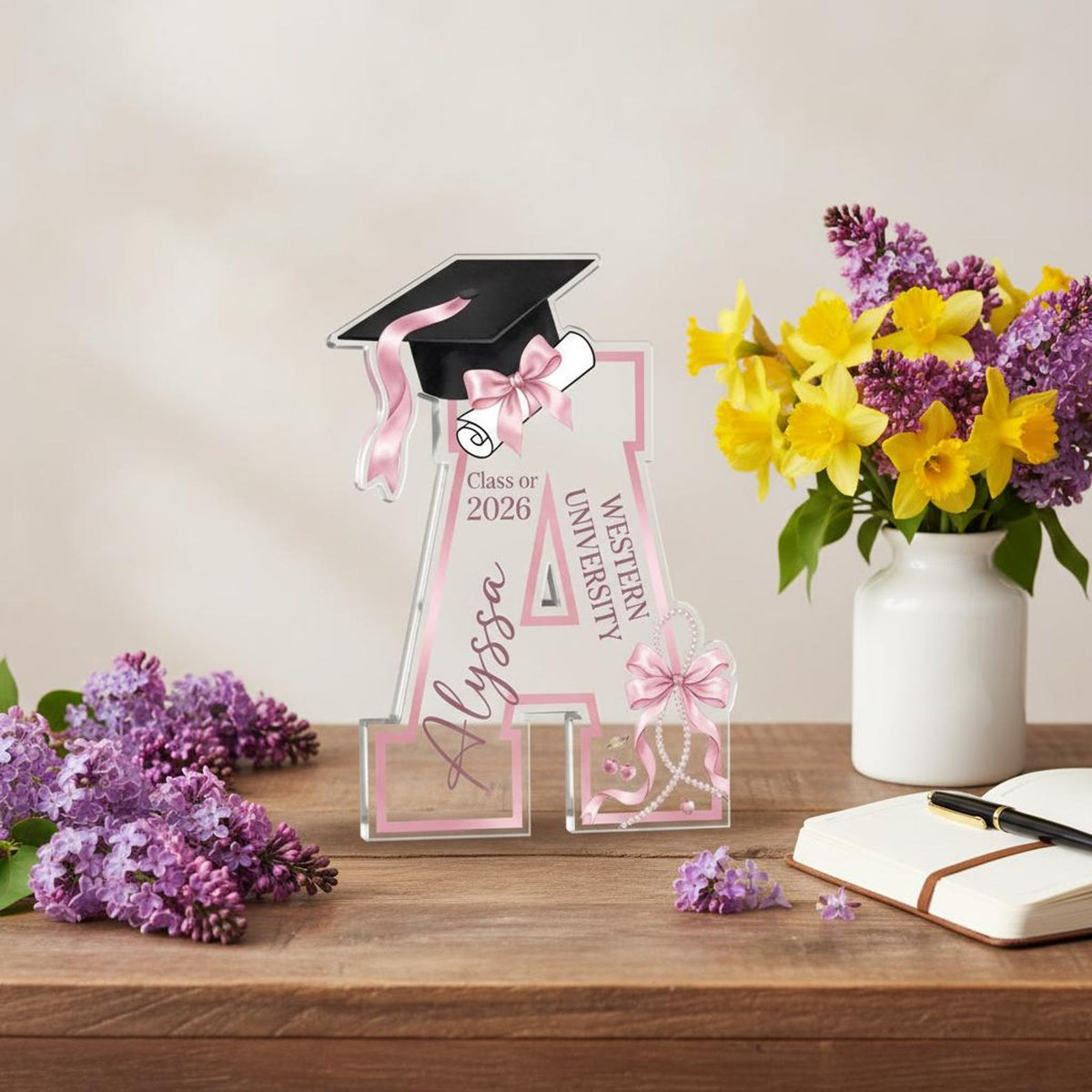 Personalized Graduation Acrylic Block, Custom Initial Pink Bow Keepsake, Class of 2026 Desktop Art