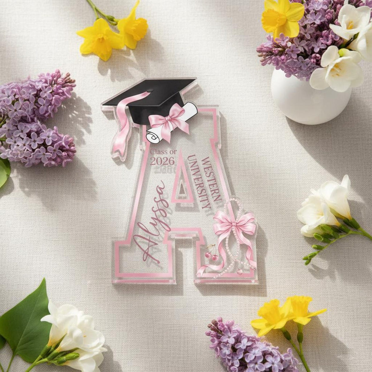 Personalized Graduation Acrylic Block, Custom Initial Pink Bow Keepsake, Class of 2026 Desktop Art