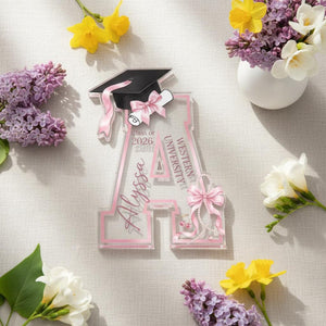 Personalized Graduation Acrylic Block, Custom Initial Pink Bow Keepsake, Class of 2026 Desktop Art