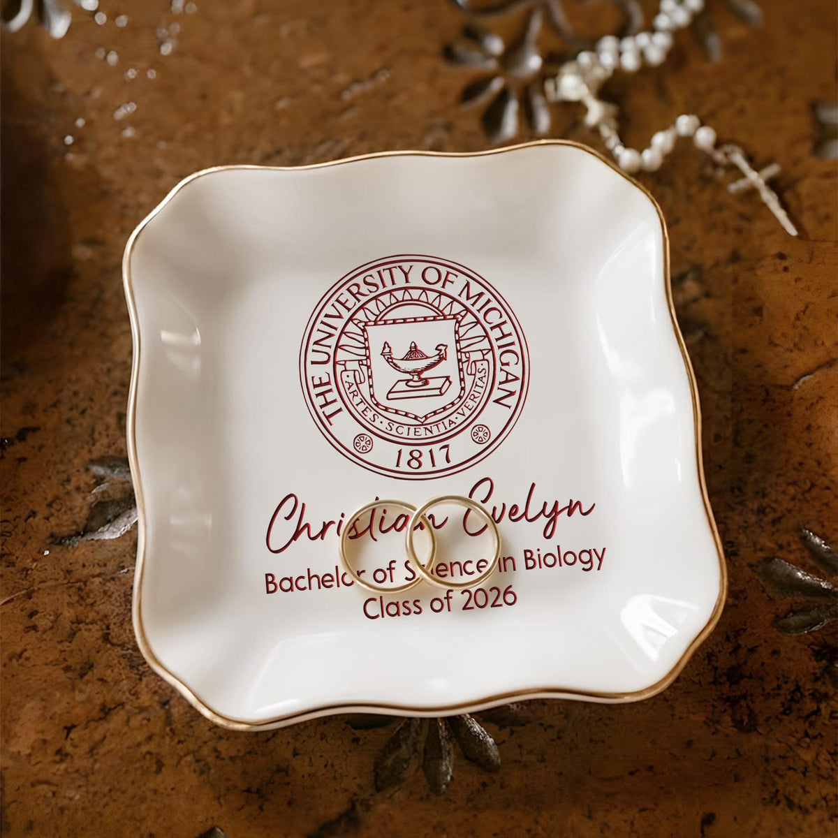 Custom College Logo Graduation Ring Dish, Personalized University Logo Grad Gifts for Her, Class of 2026