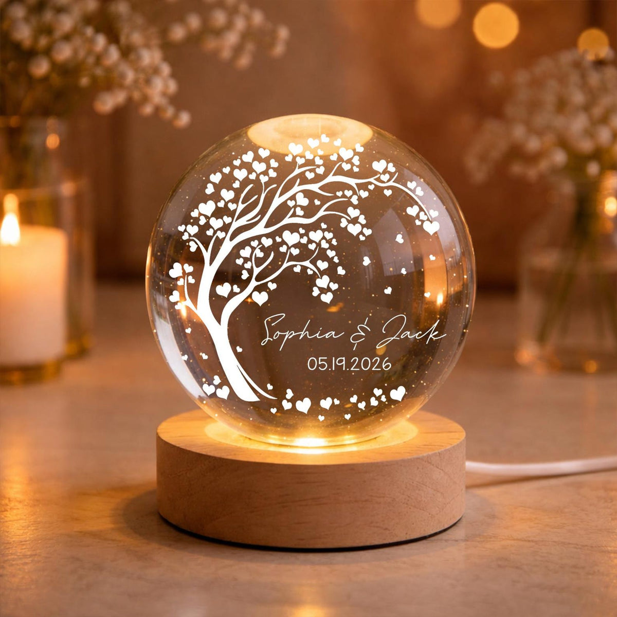 Personalized Wedding Gift, Tree of Hearts Night Light, Custom Anniversary Lamp, Couples Keepsake Globe, Romantic Decor for Bedroom