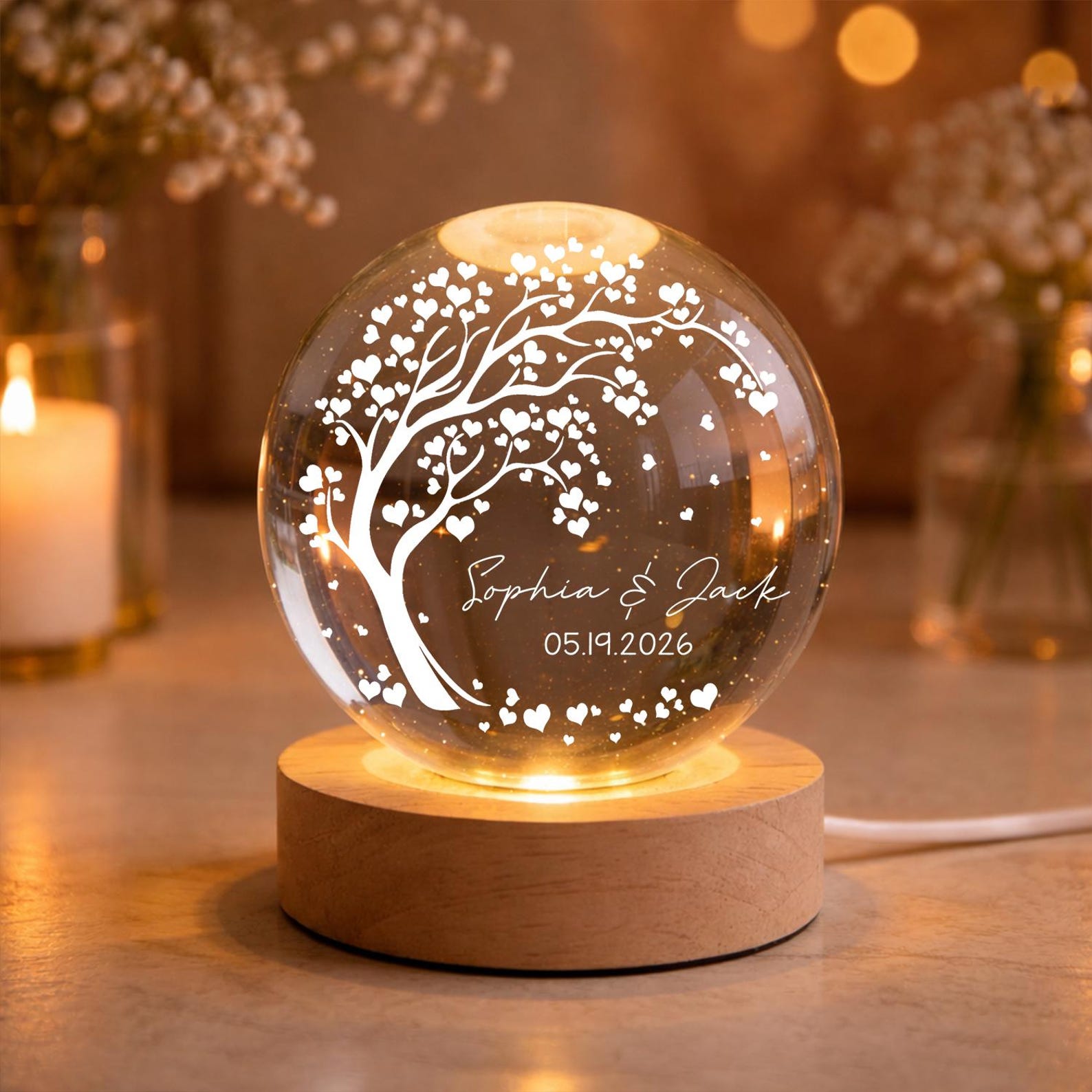 Personalized Wedding Gift, Tree of Hearts Night Light, Custom Anniversary Lamp, Couples Keepsake Globe, Romantic Decor for Bedroom