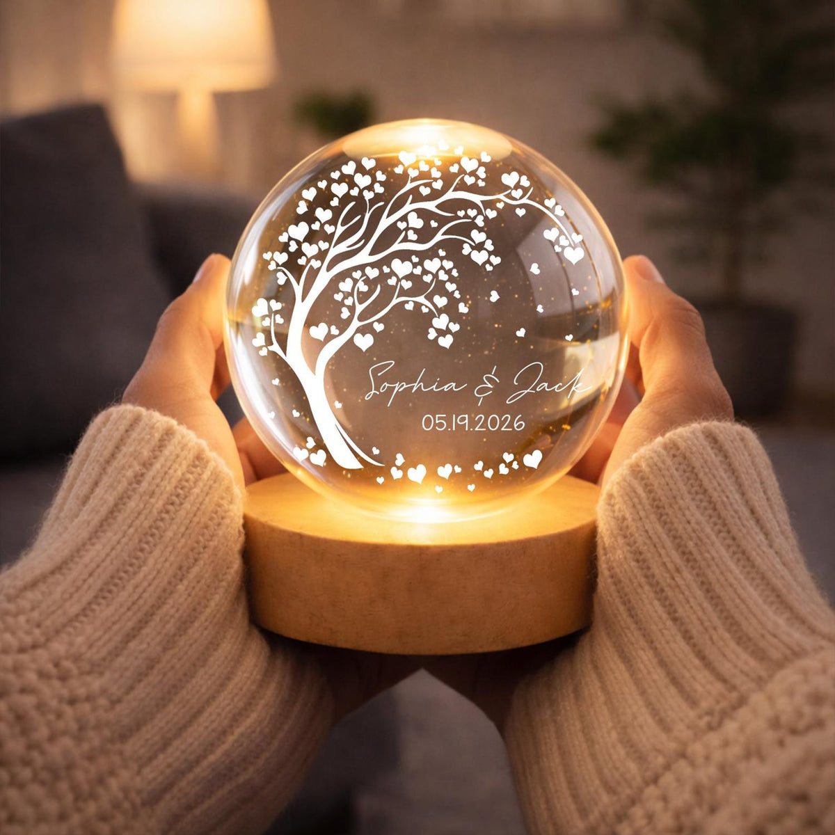 Personalized Wedding Gift, Tree of Hearts Night Light, Custom Anniversary Lamp, Couples Keepsake Globe, Romantic Decor for Bedroom