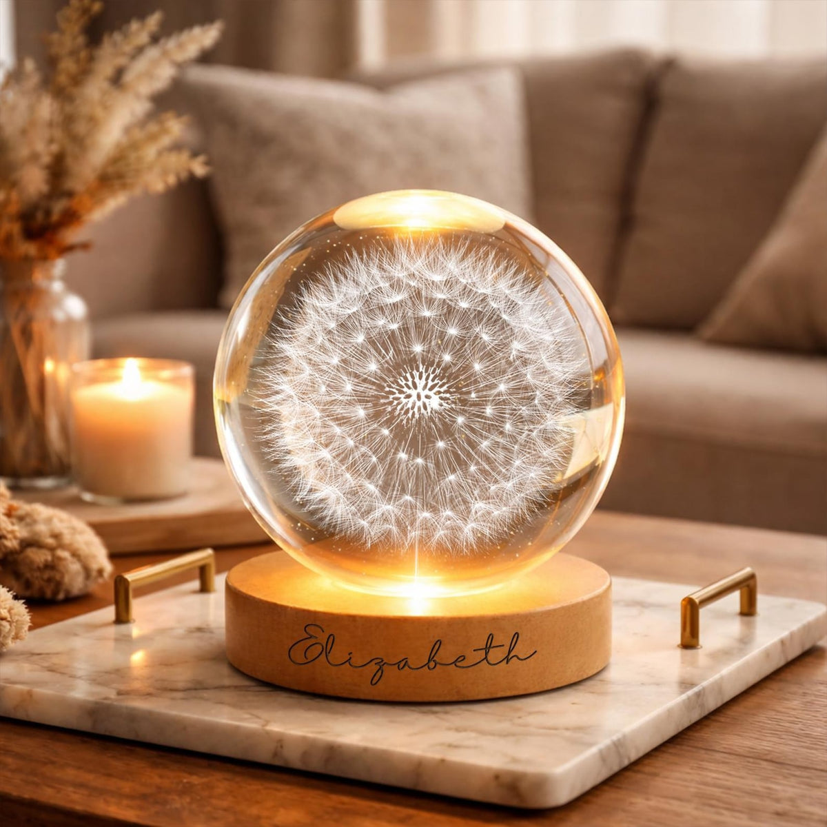 Personalized Dandelion Night Light, Custom Name Crystal Ball Lamp, Dandelion Flower, Unique Birthday Gift for Her, Aesthetic Room Decor