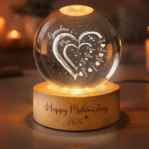 Custom Grandma Mom Heart Crystal LED Ball Light, Mom Gift, Grandma Gift, Custom Kid Name With Heart, Gift For Grandma, Gifts From Grandkids