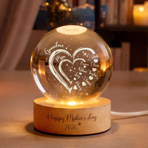 Custom Grandma Mom Heart Crystal LED Ball Light, Mom Gift, Grandma Gift, Custom Kid Name With Heart, Gift For Grandma, Gifts From Grandkids