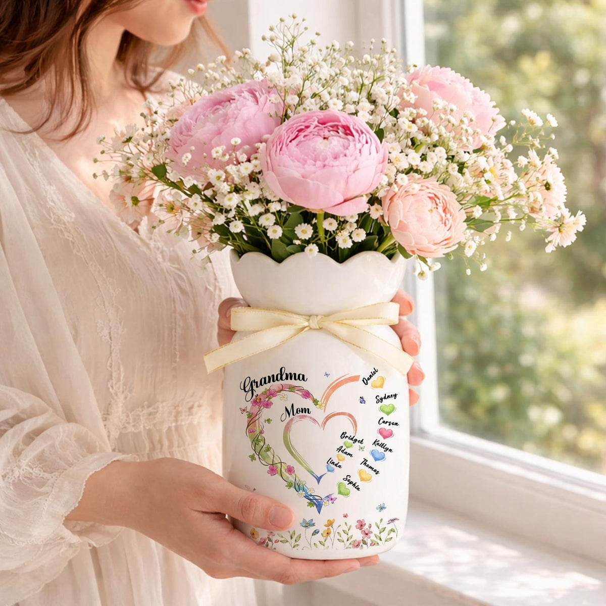 Personalized Mom Grandma Heart Flower Vase, Family Name Flower Vase, Vase with kids Names, Mum and Nana Generations Gift, Mother's Day Gift