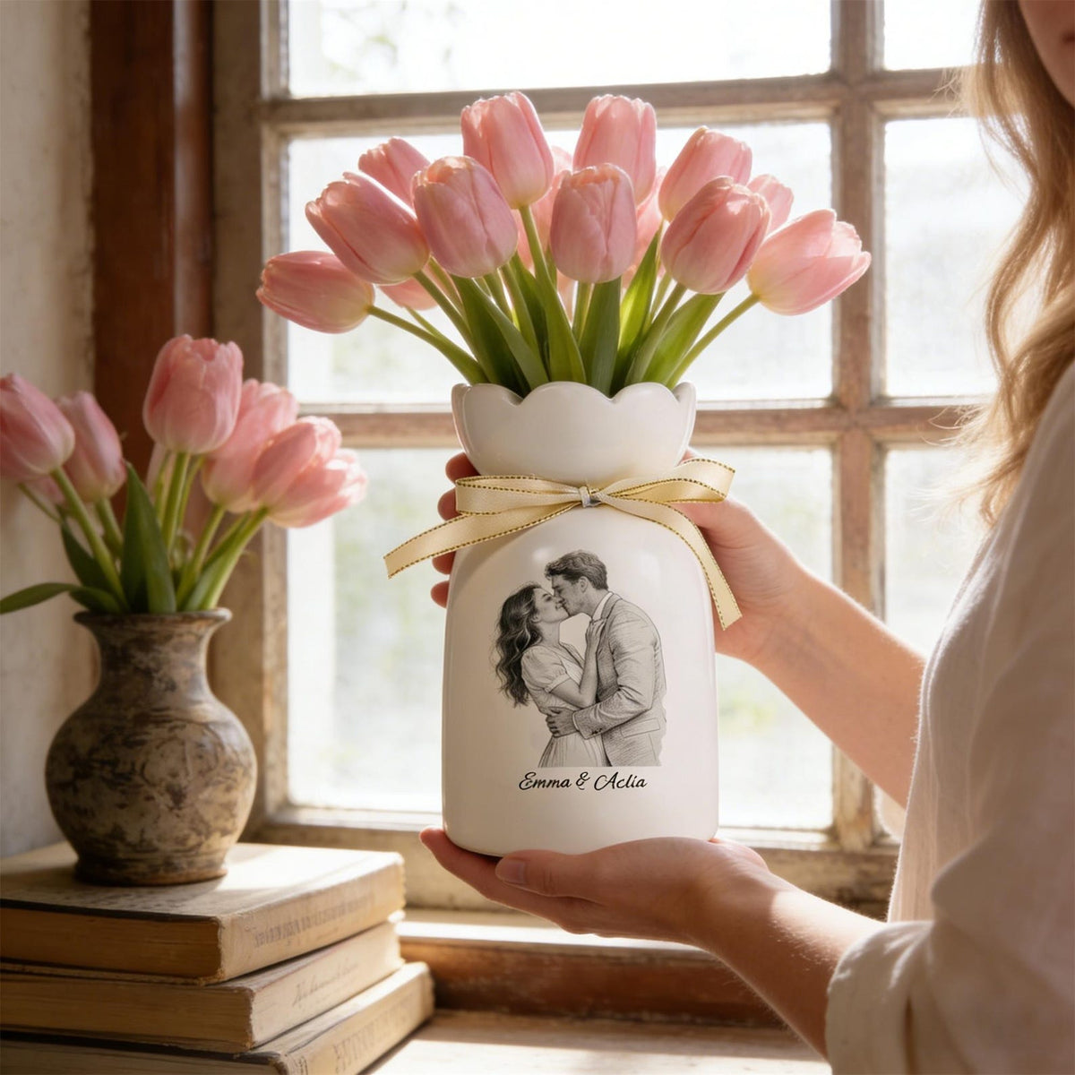Custom Line Portrait Flower Vase, Personalized Ceramic Flower Vase with Couple Photo Drawing, Wedding Anniversary Gift for Her, Gift for Mom
