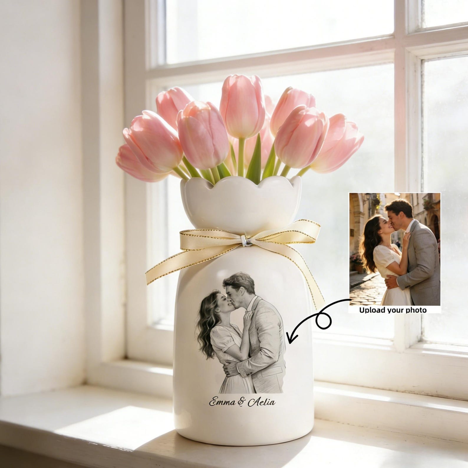 Custom Line Portrait Flower Vase, Personalized Ceramic Flower Vase with Couple Photo Drawing, Wedding Anniversary Gift for Her, Gift for Mom