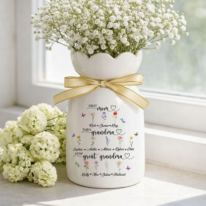 Custom First Mom Now Great Grandma Ceramic Flower Vase, Birth Month Vase, Grandmas Garden Vase, Birthday Gift for Mom Nana Mothers Day Gift