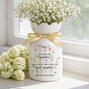 Custom First Mom Now Great Grandma Ceramic Flower Vase, Birth Month Vase, Grandmas Garden Vase, Birthday Gift for Mom Nana Mothers Day Gift