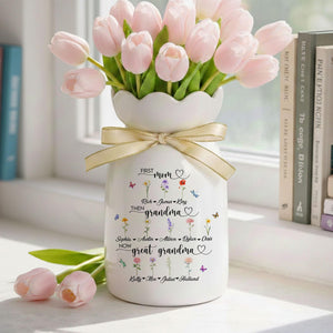 Custom First Mom Now Great Grandma Ceramic Flower Vase, Birth Month Vase, Grandmas Garden Vase, Birthday Gift for Mom Nana Mothers Day Gift