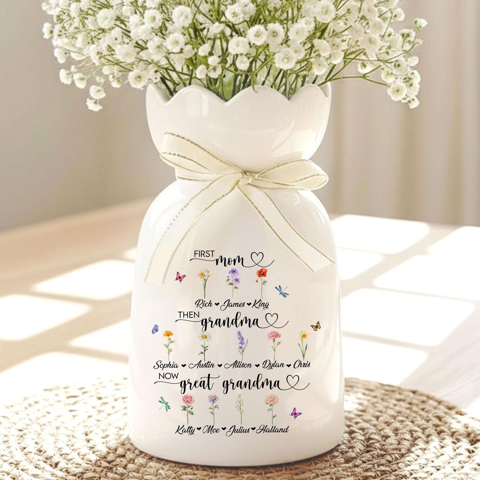 Custom First Mom Now Great Grandma Ceramic Flower Vase, Birth Month Vase, Grandmas Garden Vase, Birthday Gift for Mom Nana Mothers Day Gift