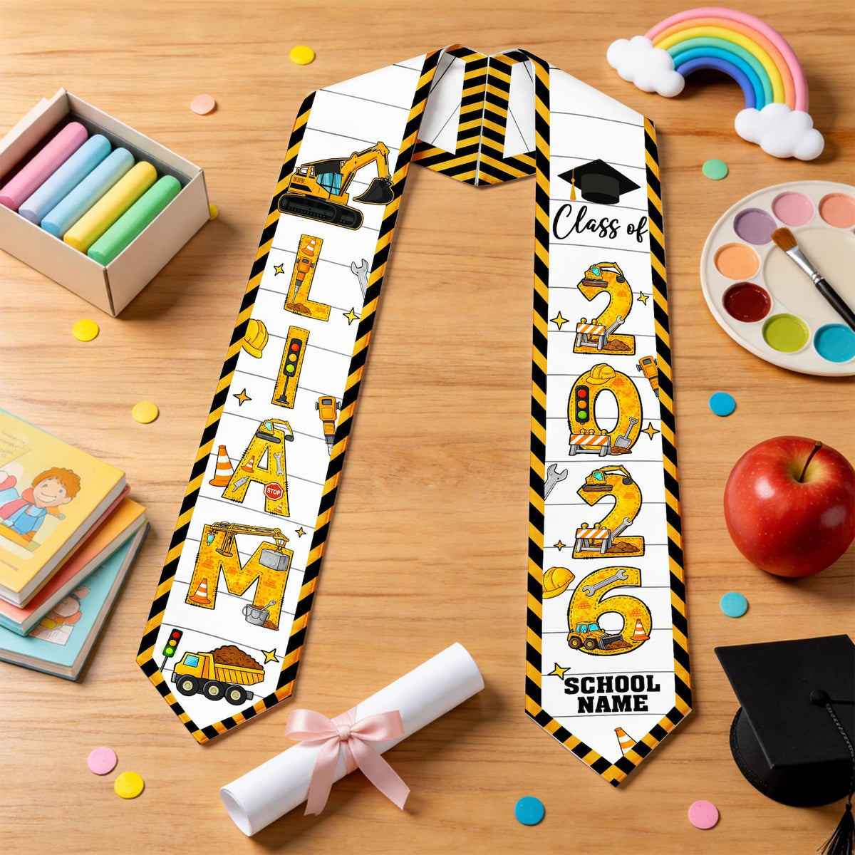 Personalized Kid Graduation Stole, Custom Construction Graduation Stole, Class Of 2026 Sash, Kids Graduation Sash,Preschool Graduation Stole