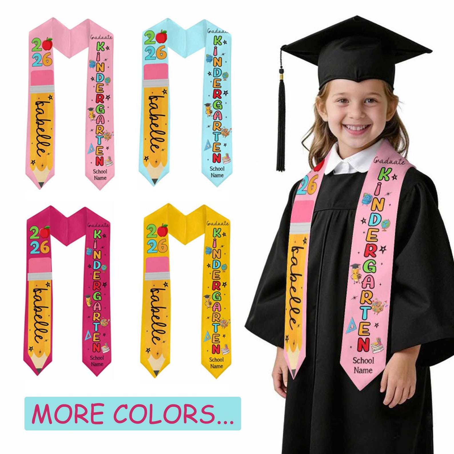 Custom Name Kindergarten Graduation Stole, Personalized Kids Kindergarten Sashes Class of 2026