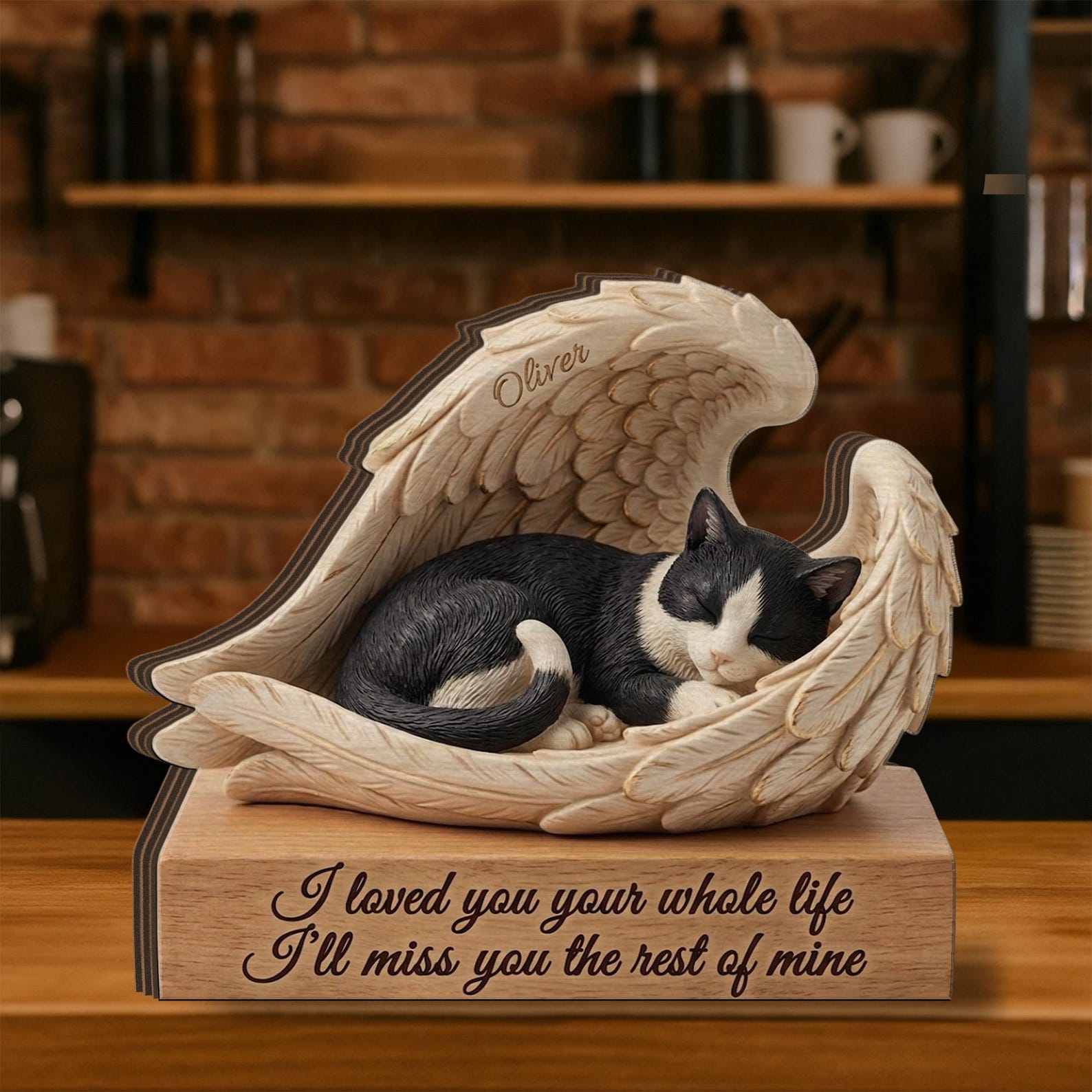 Personalized Tuxedo Cat Memorial Wooden Block: Printed Angel Wings Pet Loss Gift