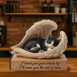 Personalized Tuxedo Cat Memorial Wooden Block: Printed Angel Wings Pet Loss Gift