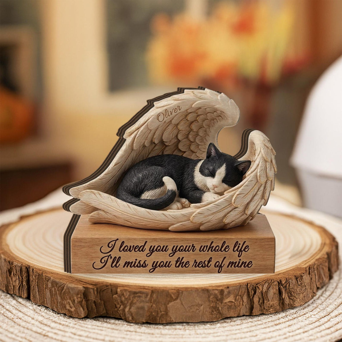 Personalized Tuxedo Cat Memorial Wooden Block: Printed Angel Wings Pet Loss Gift