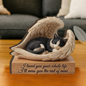 Personalized Tuxedo Cat Memorial Wooden Block: Printed Angel Wings Pet Loss Gift
