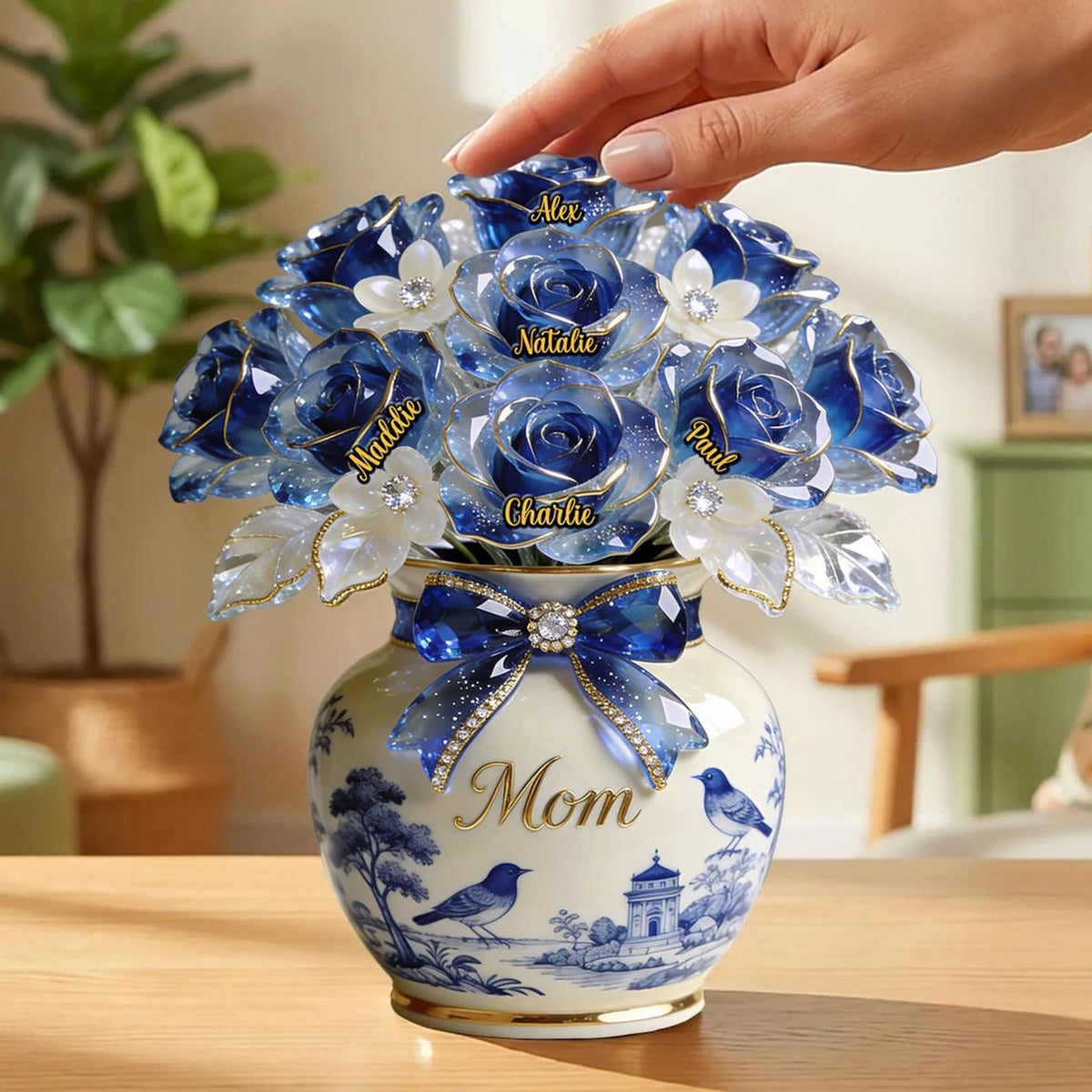 Custom Mother's Day Gift, Toile de Jouy Flower Bouquet Mom 3D Effect, Gift for Grandma, Personalized Flat Acrylic Block Plaque