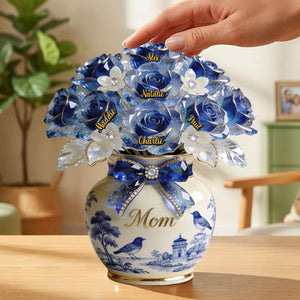Custom Mother's Day Gift, Toile de Jouy Flower Bouquet Mom 3D Effect, Gift for Grandma, Personalized Flat Acrylic Block Plaque