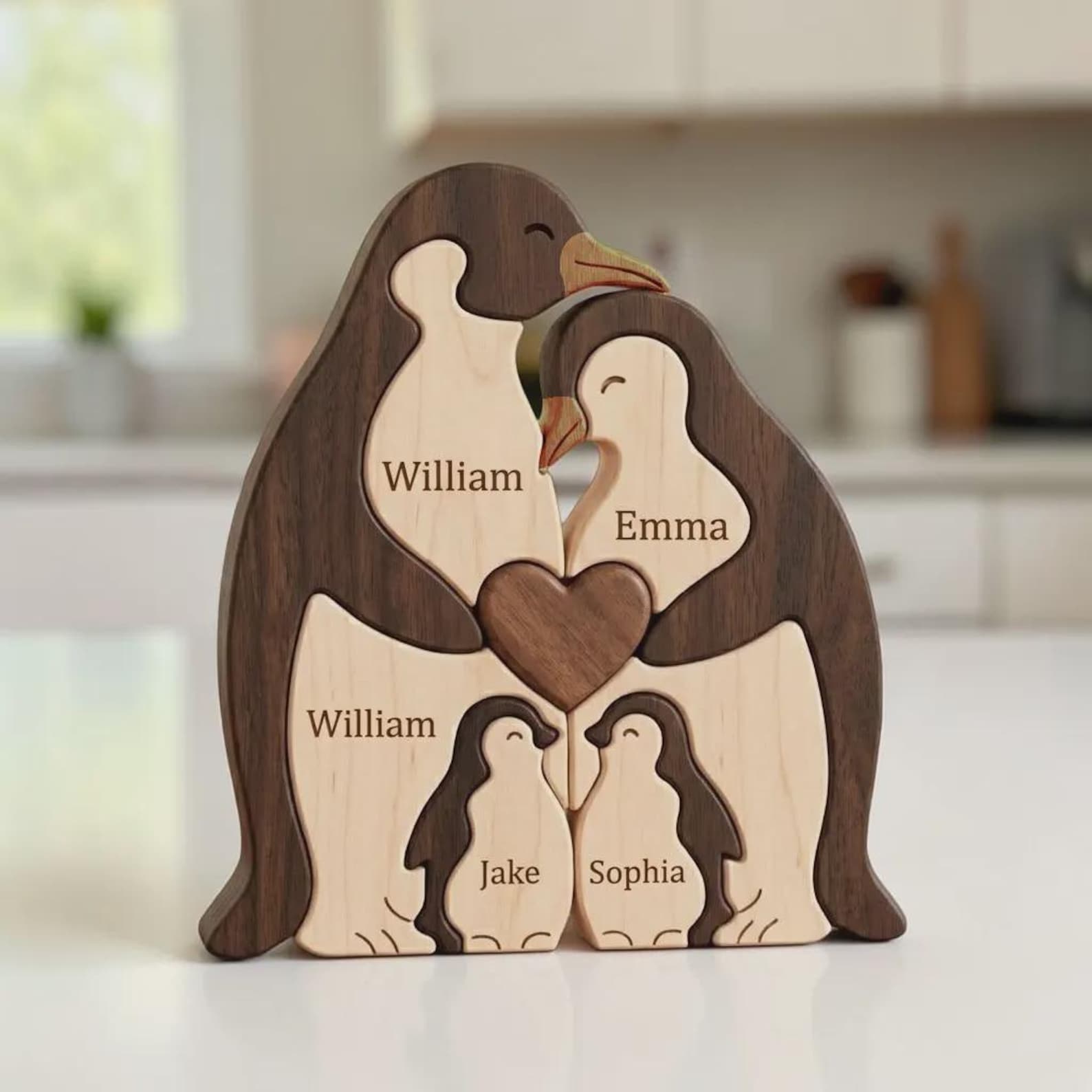 Personalized Wooden Penguin Family Puzzle, Custom Name Animal Keepsake Home Decor