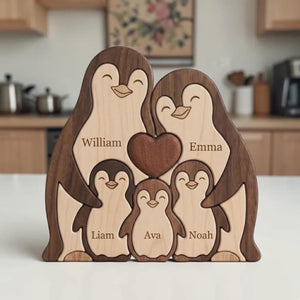 Personalized Wooden Penguin Family Puzzle, Custom Name Animal Keepsake Home Decor