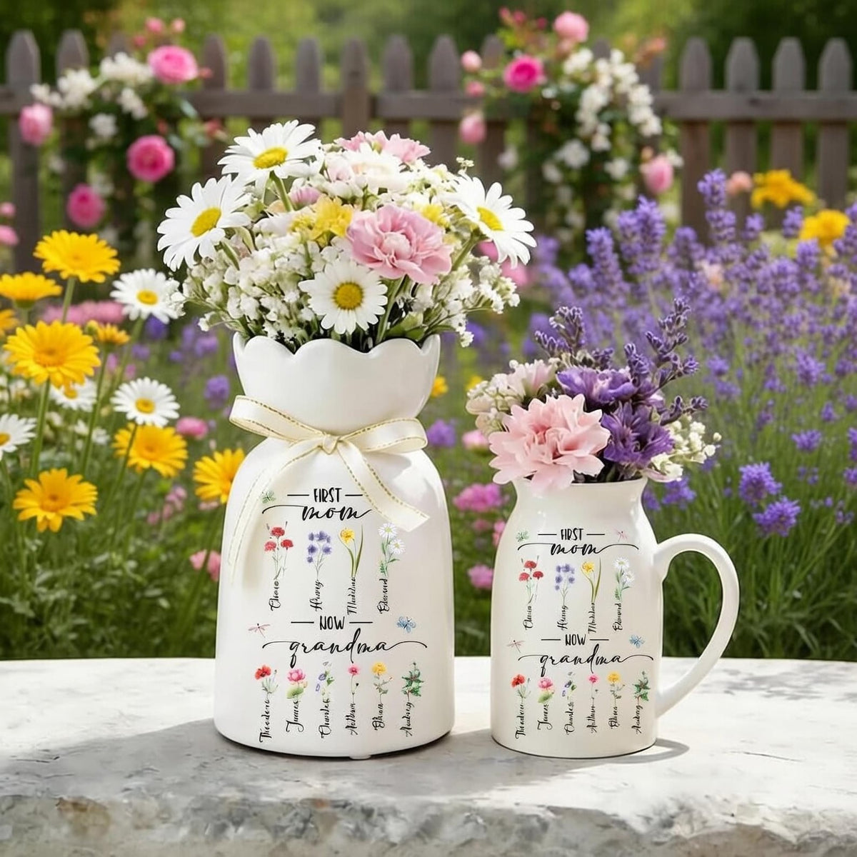 Custom First Mom Now Grandma Vase, Personalized Birth Month Flower Ceramic Jug, Mothers Day Gift For Nana, Grandma Garden Pitcher Decor