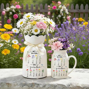 Custom First Mom Now Grandma Vase, Personalized Birth Month Flower Ceramic Jug, Mothers Day Gift For Nana, Grandma Garden Pitcher Decor