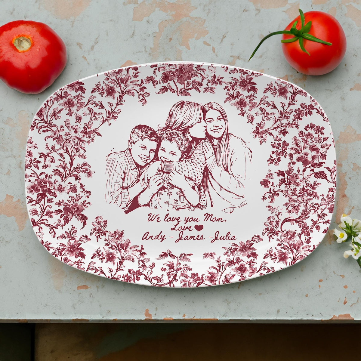 Custom Mom Portrait from Photo Platter, Personalized Toile De Jouy Mom & Daughter Plate, Mothers Day Gift for Mama, Grandma Birthday Gifts