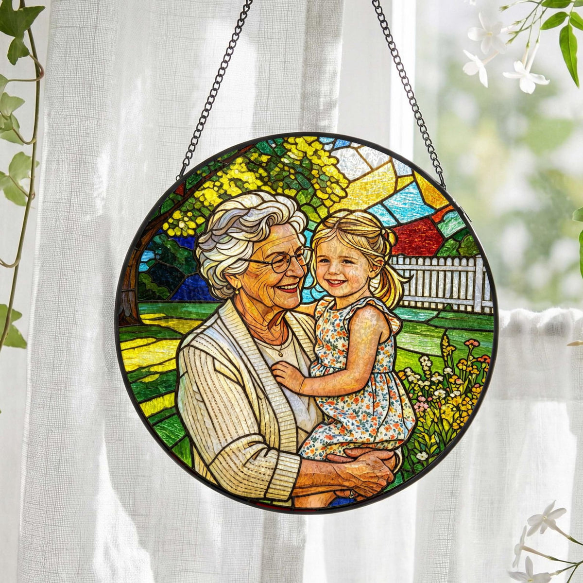 Custom Stained Glass Photo Suncatcher: Personalized Portrait Window Hanging, Mother's Day Gift For Grandma
