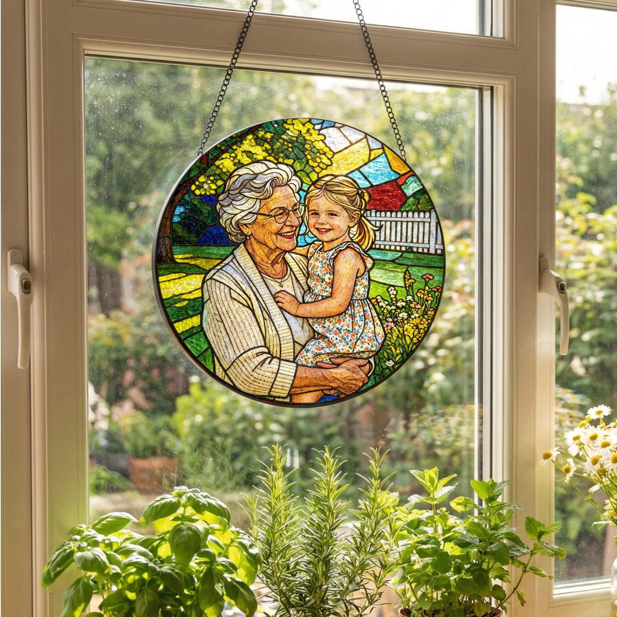 Custom Stained Glass Photo Suncatcher: Personalized Portrait Window Hanging, Mother's Day Gift For Grandma