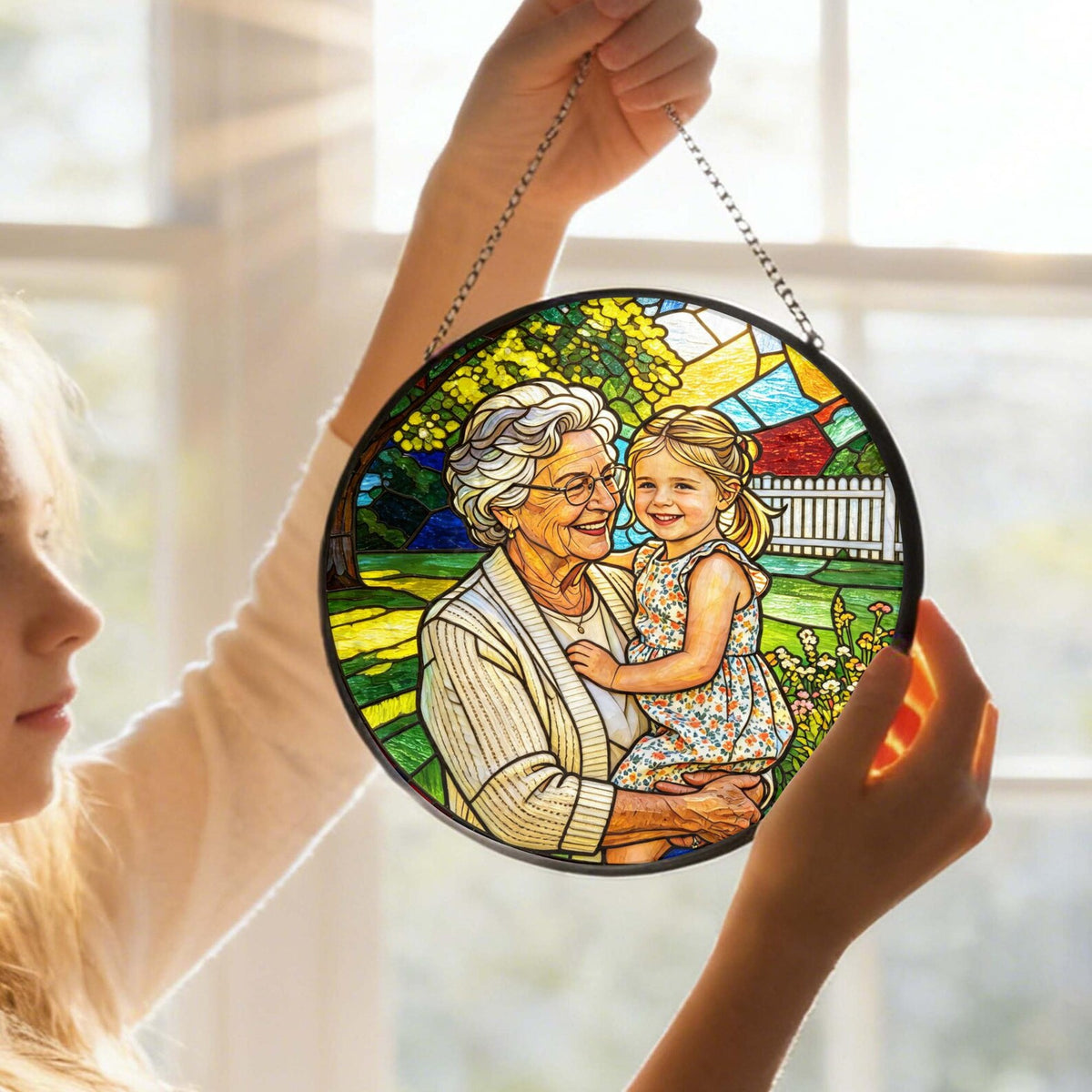 Custom Stained Glass Photo Suncatcher: Personalized Portrait Window Hanging, Mother's Day Gift For Grandma