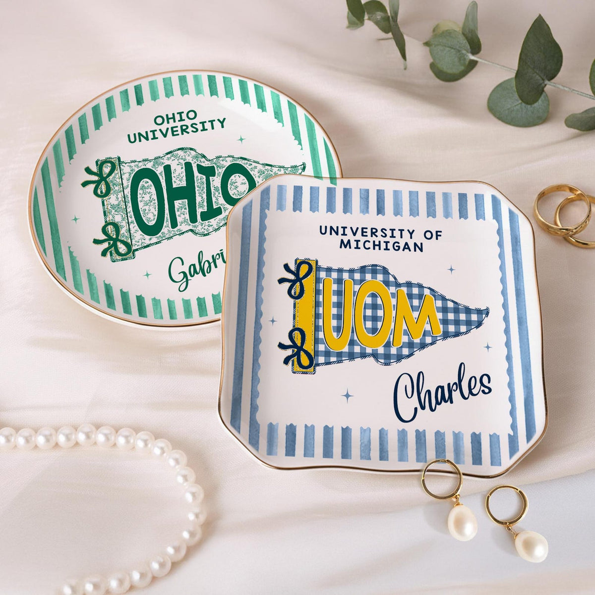 Custom School Pennant Flag Ring Dish, College Graduation Gift, Class of 2026 Jewelry Tray, University Spirit Striped Dish, Senior Night Gift